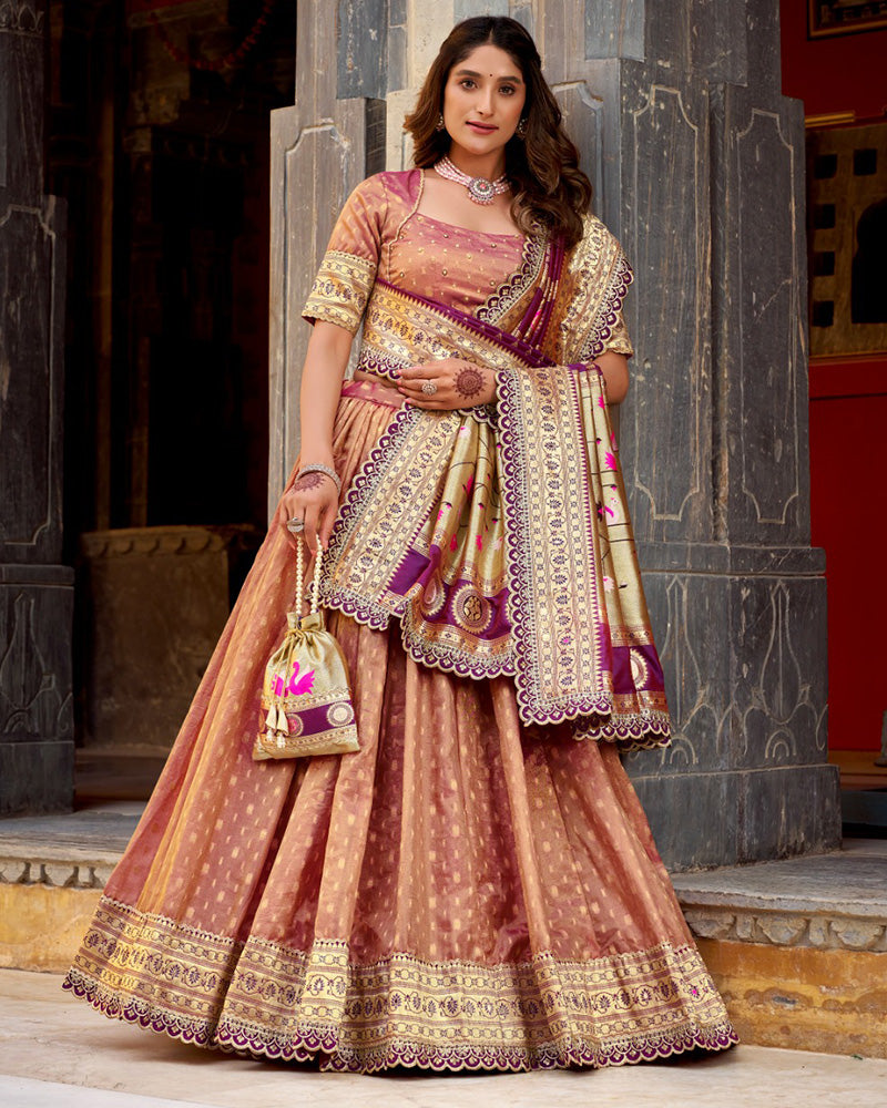 Peach Color Shimmer Organza Silk Lehenga Choli
