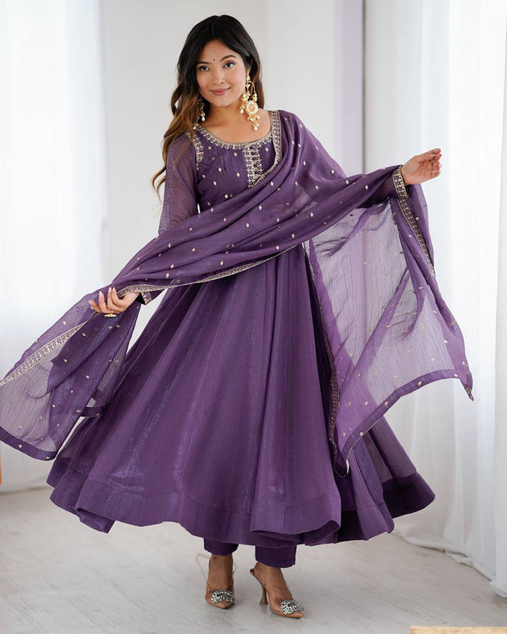 Dusty Mauve Color Crunchy Silk Three Piece Anarkali Suit