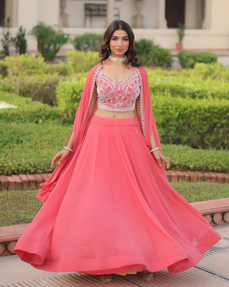Peach Color Faux Georgette Embroidered Lehenga Choli