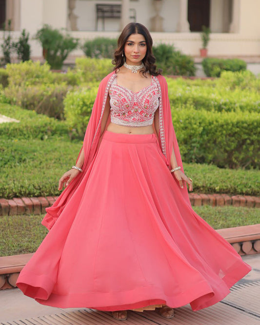 Peach Color Faux Georgette Embroidered Lehenga Choli