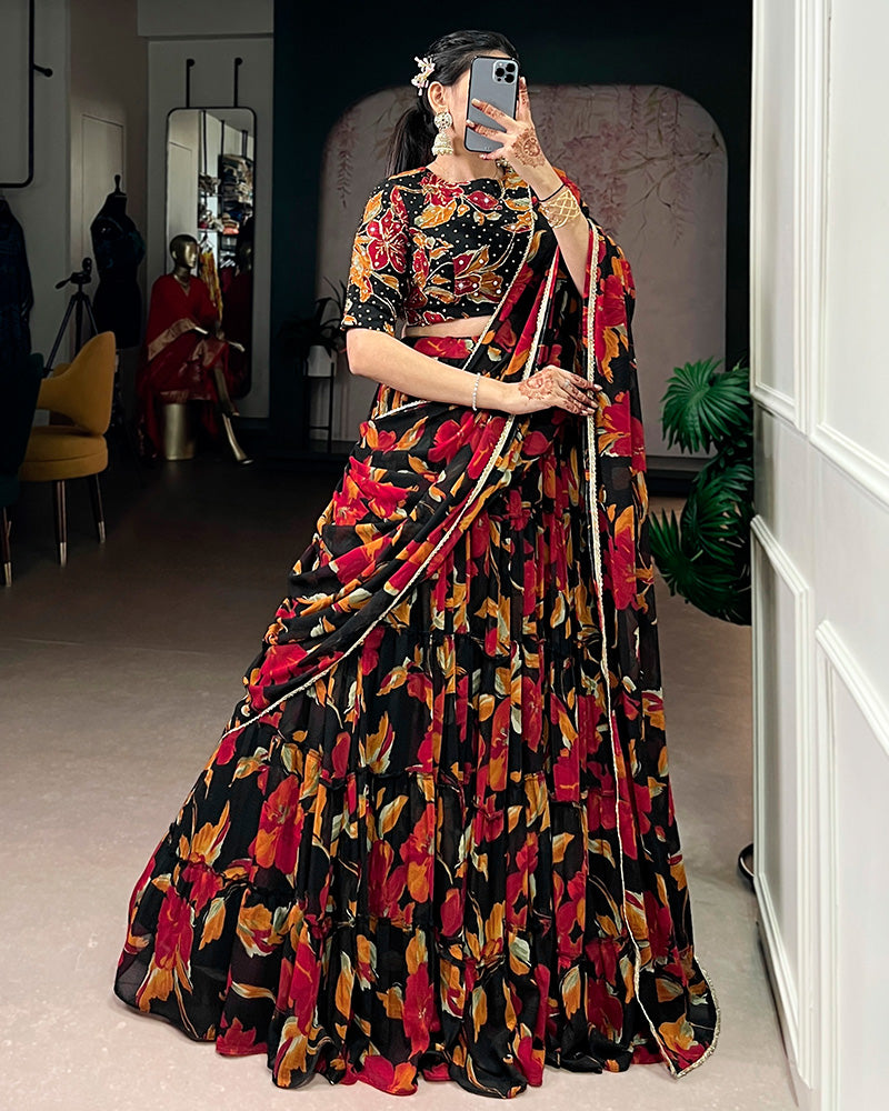 Black Color Marble Floral Printed Lehenga Choli