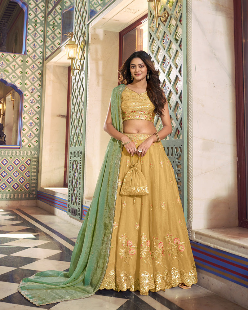 Yellow Color Moss Silk Embroidered Lehenga Choli