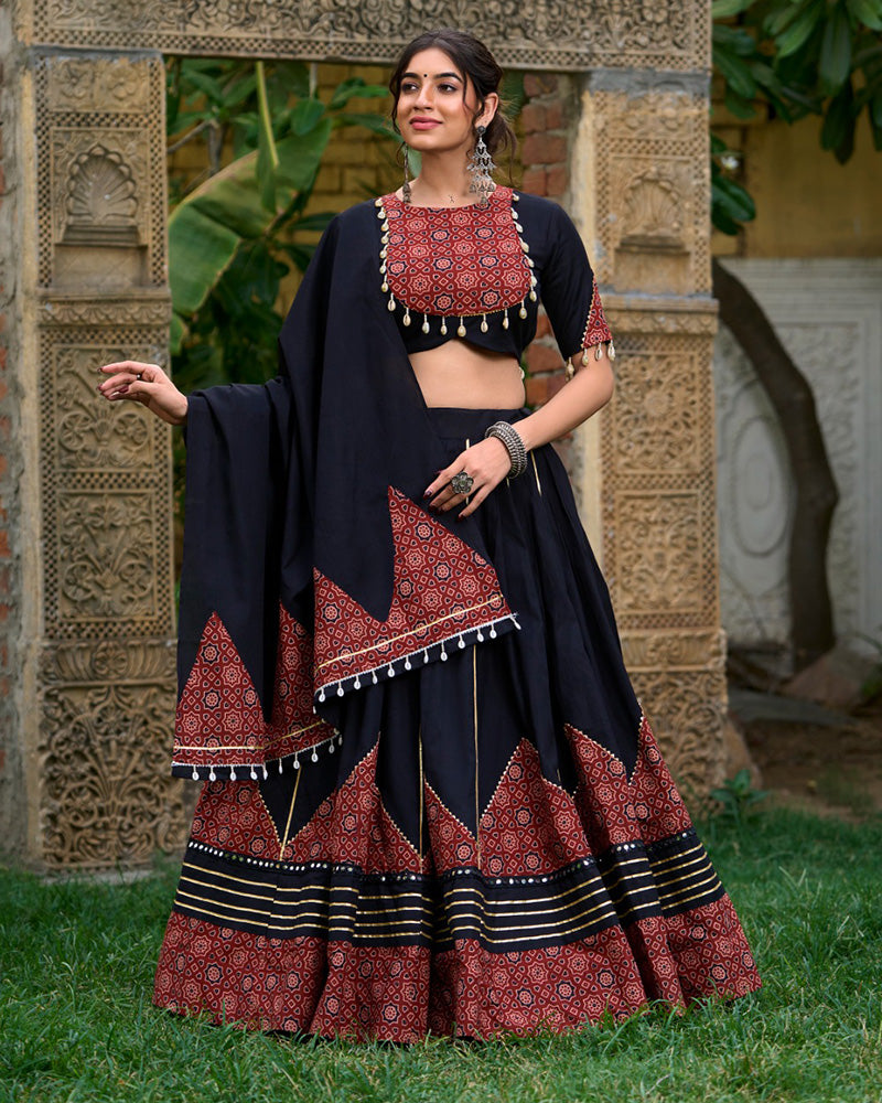 Black Color Cotton Paper Mirror Work Navratri Lehenga Choli