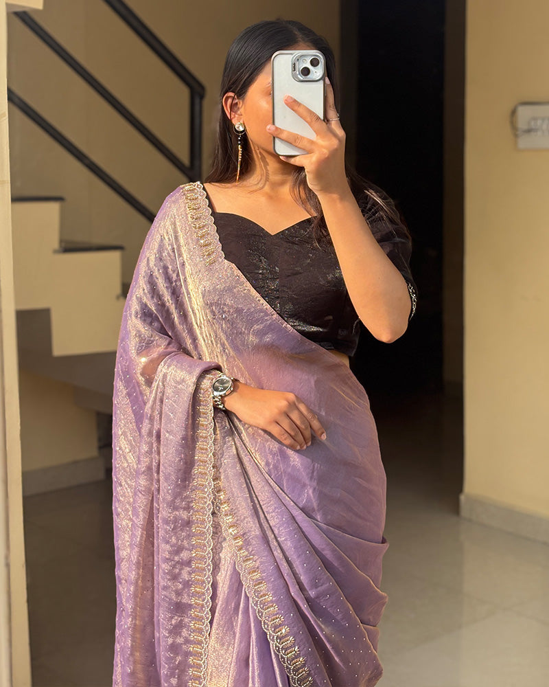 Lavender Color Space Silk Sequence Embroidered Saree