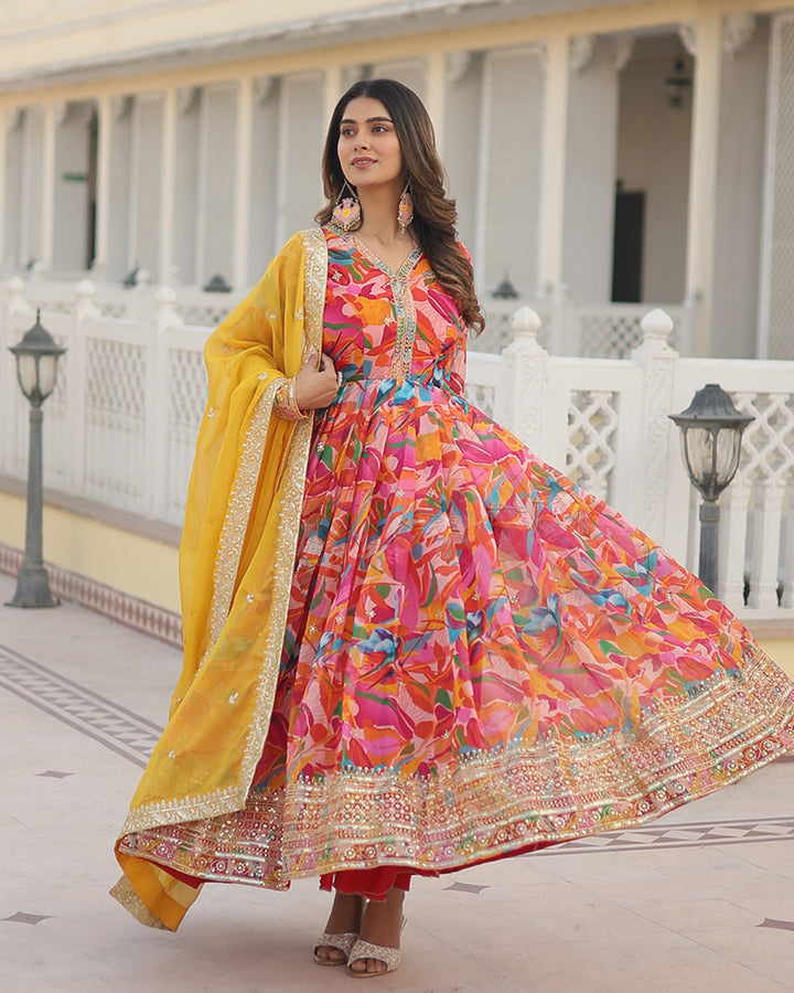 Wedding Wear Floral Embroidered Pink Color Alia Cut Gown With Dupatta