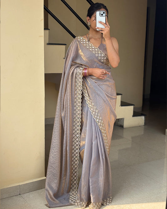 Grey Color Space Silk Embroidered Saree