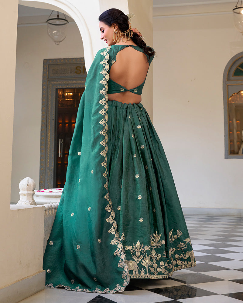 Teal Green Color Gold Crush Embroidered Lehenga Choli