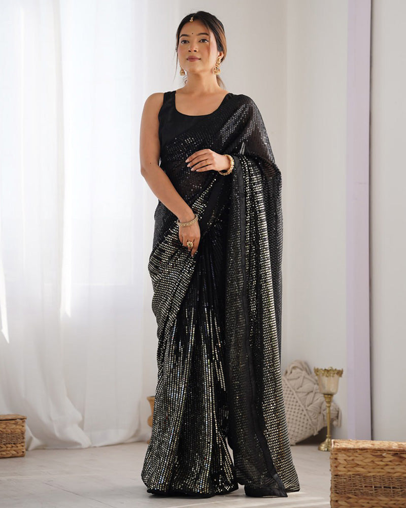 Black Color Heavy Georgette Embroidered Saree