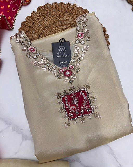 Gold Cream Color Fendy Chiffon Kurti Suit