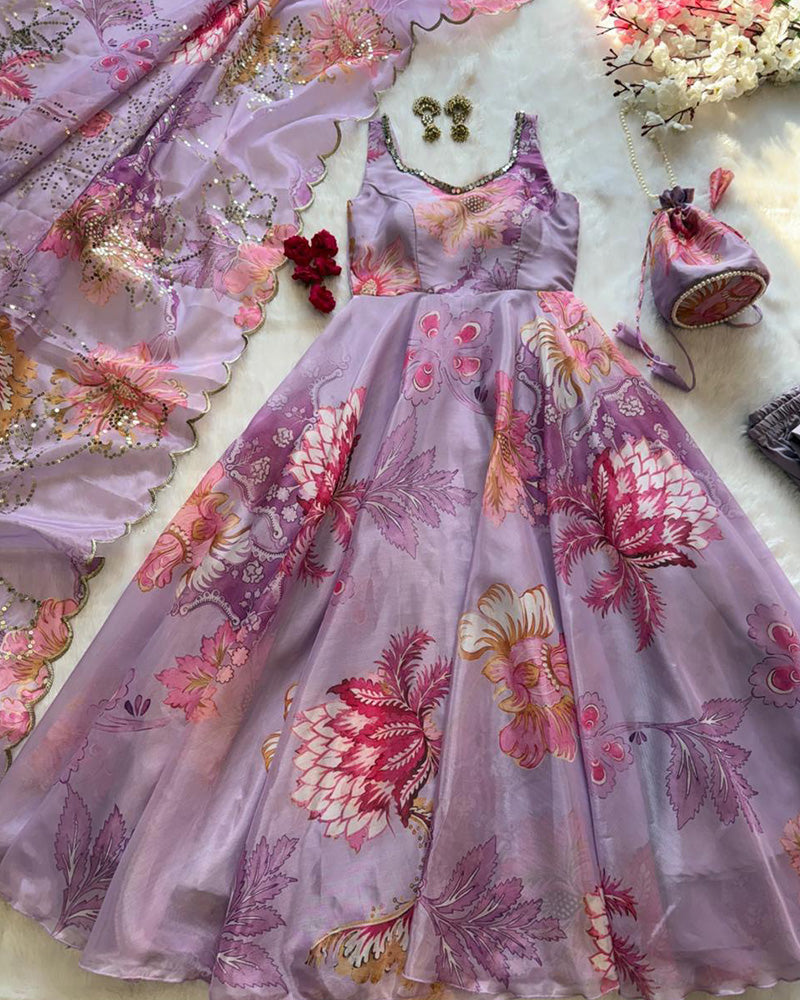 Luvender Color Digital Printed Soft Organza Anarkali Suit