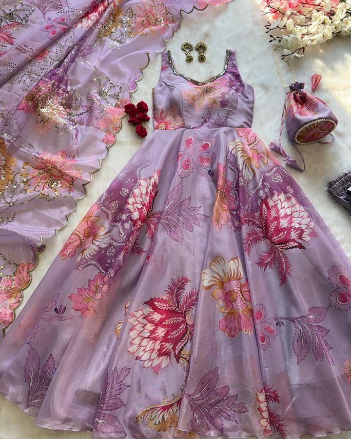Luvender Color Digital Printed Soft Organza Anarkali Suit