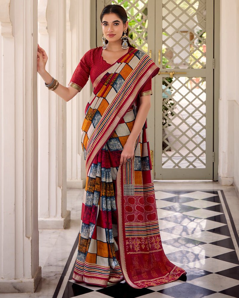 Maroon Color Polyester Chanderi Printed Saree
