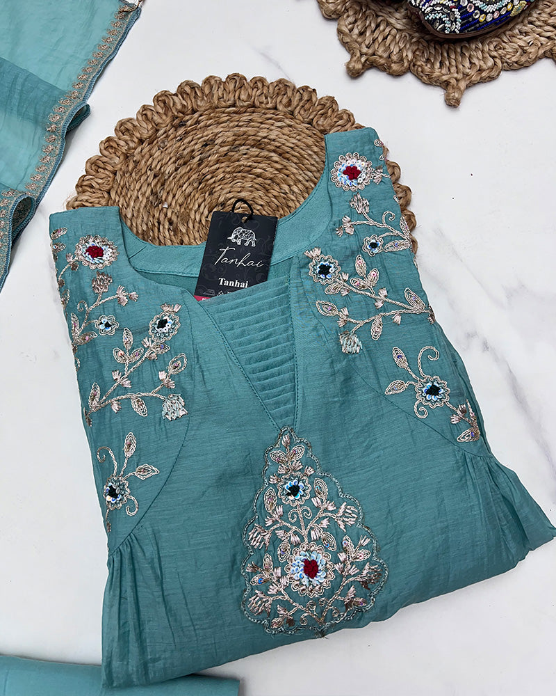 Dusty Teal Color Mal Cotton Three Piece Kurti Suit