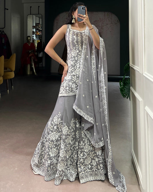 Grey Color Star Georgette Embroidered Sharara Suit