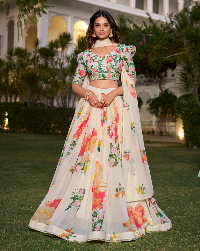 Cream Color Georgette Floral Printed Lehenga Choli