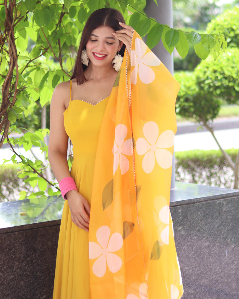 Mustard Yellow Color Soft Georgette Anarkali Gown With Floral Printed Dupatta