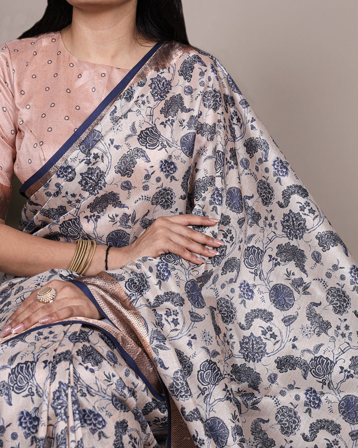 Off White Color Designer Tasar Silk Printed Saree