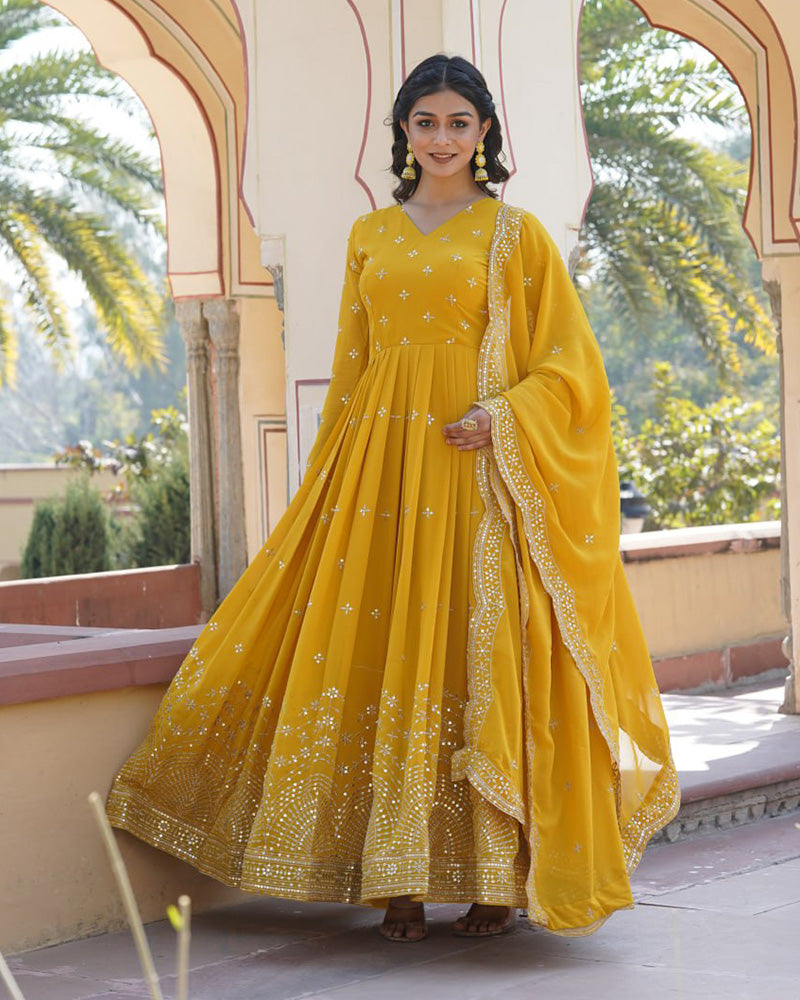 Yellow Color Full Flair Anarkali Gown With Embroidered Dupatta