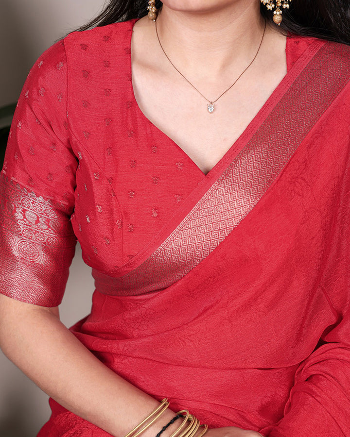Red Color Chinon Self Printed Saree
