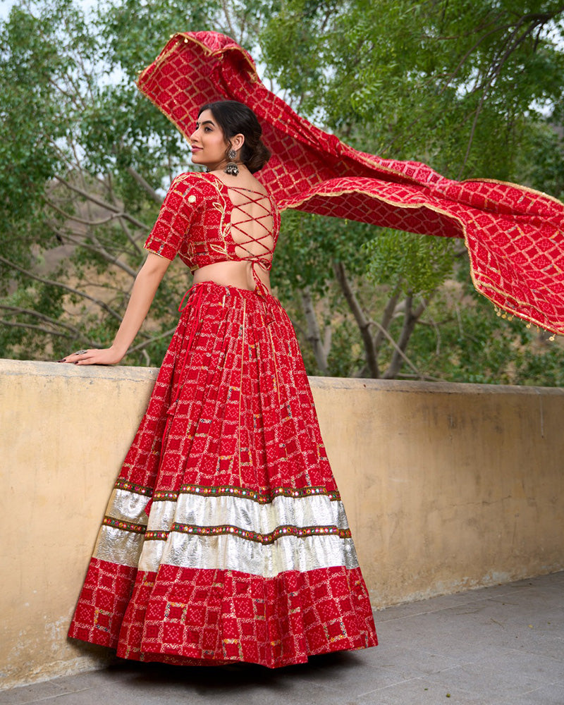 Red Color Rayon Foil Printed Navratri Lehenga Choli