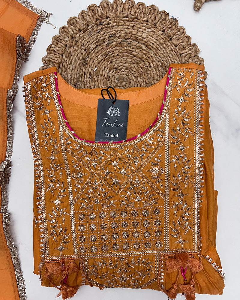 Orange Color Chinon Silk Three Piece Kurti Suit