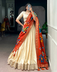 Off-White Color Poly Kotha Tasar Silk Half Saree