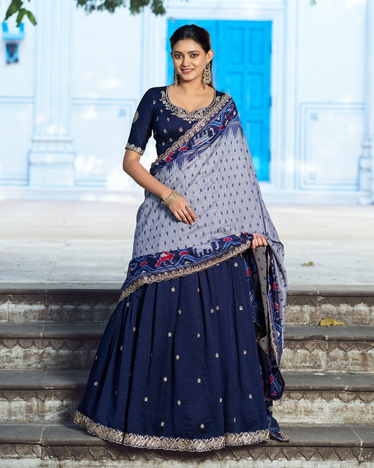 Premium Navy Blue Embroidered Vichitra Silk Lehenga Choli