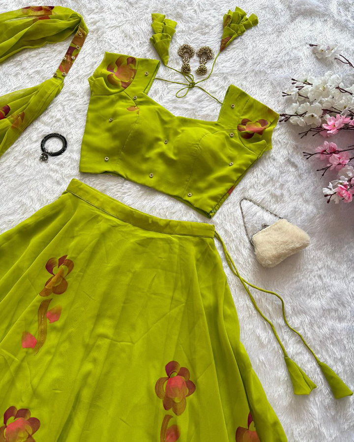 Mehndi Color Pure georgette Printed Lehenga Choli