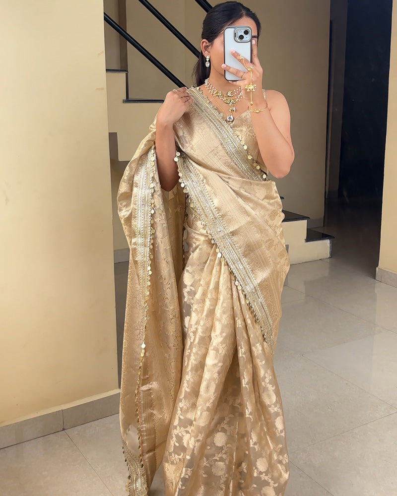 Cream Color Banarasi Tissue Silk Saree