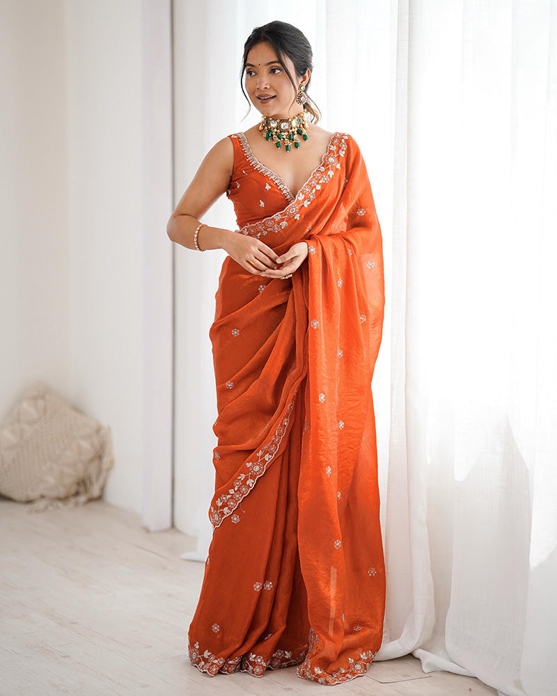 Rust Orange Color Fendi Silk Embroidered Saree