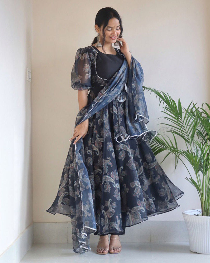 Black Color Georgette Printed Three Piece Anarkali Suit