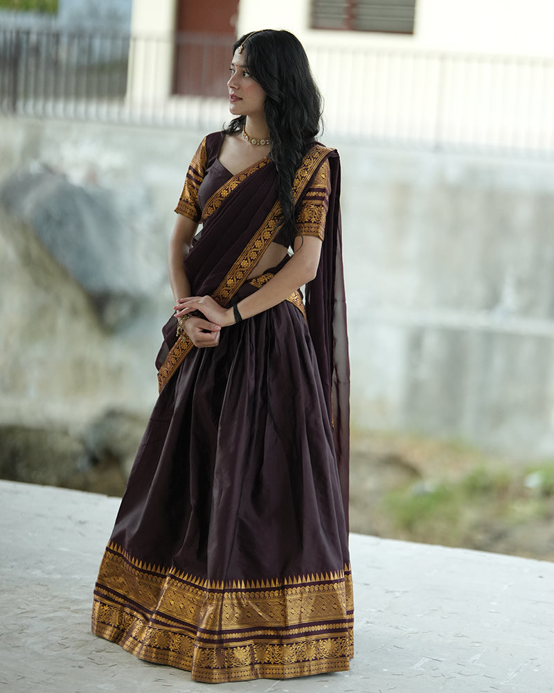Dark Brown Color Kanjivaram Silk Zari Weaving Half Saree