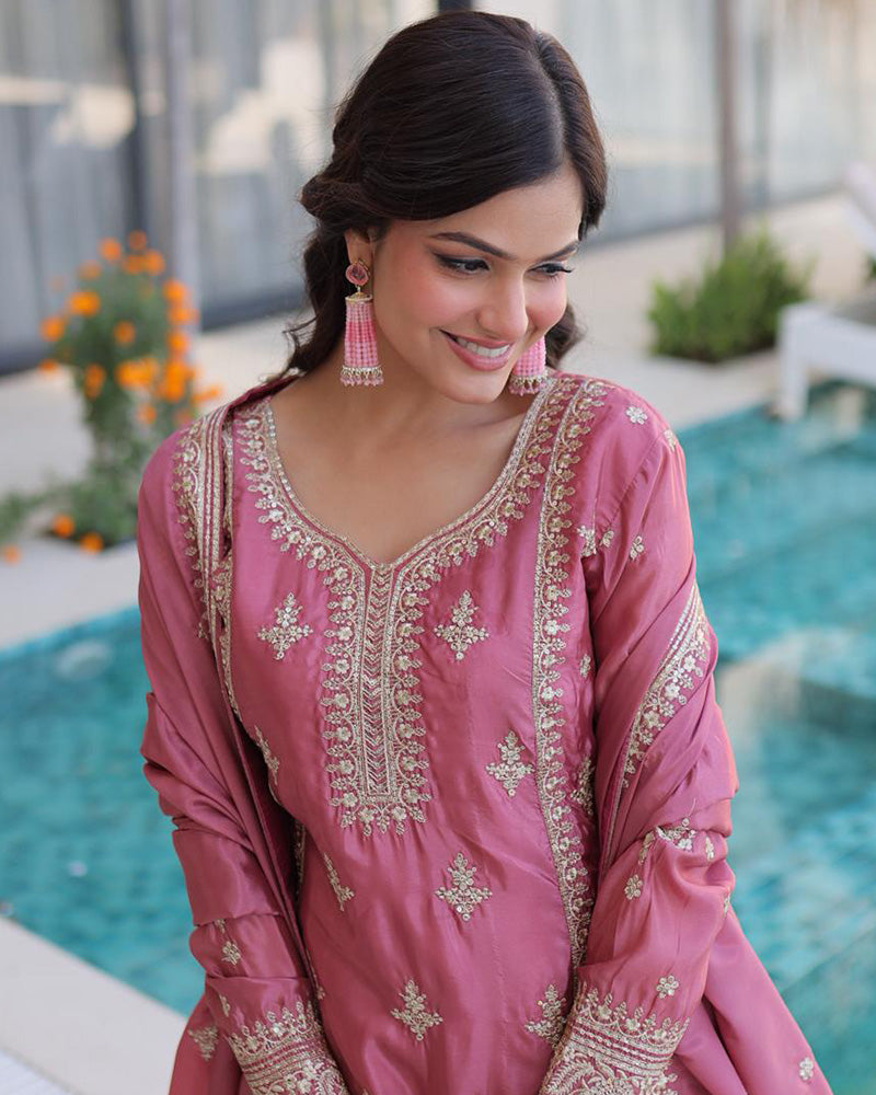 Pink Color Ho Silk Embroidered Kurti Suit