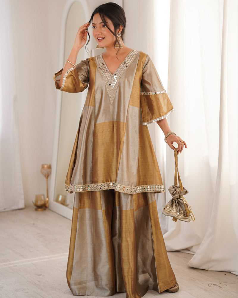 Grey Color Two-Tone Tissue Silk Embroidered Plazzo Suit