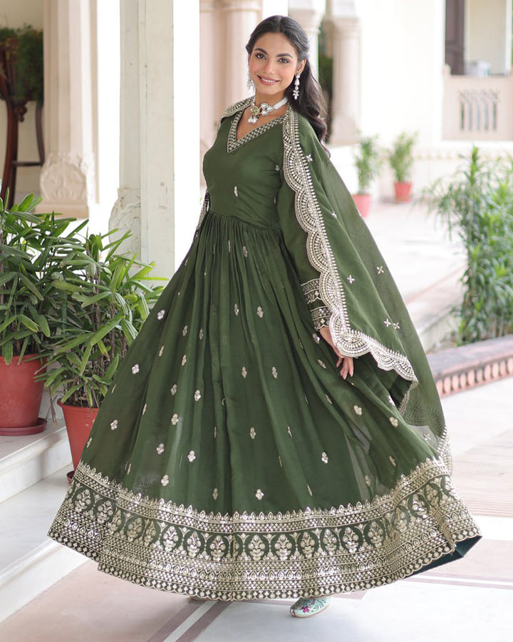 Olive Green Vichitra Silk Sequence Embroidered Gown
