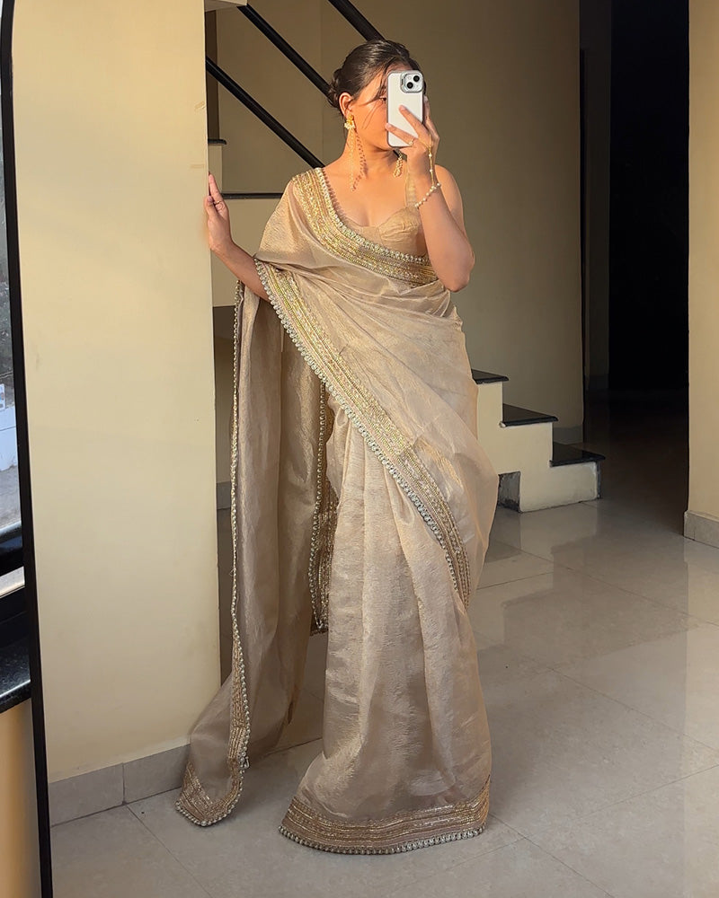 Premium Cream Color Tissue Crush Saree