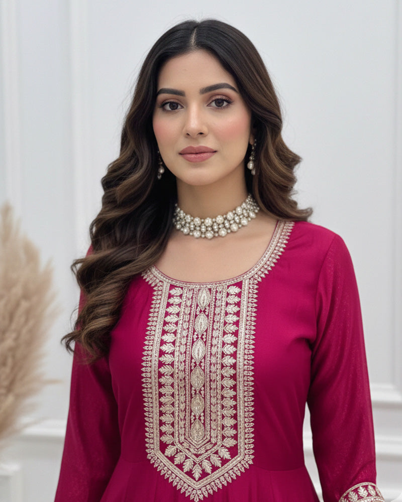 Dark Pink Vichitra Silk Sequence Embroidered Gown