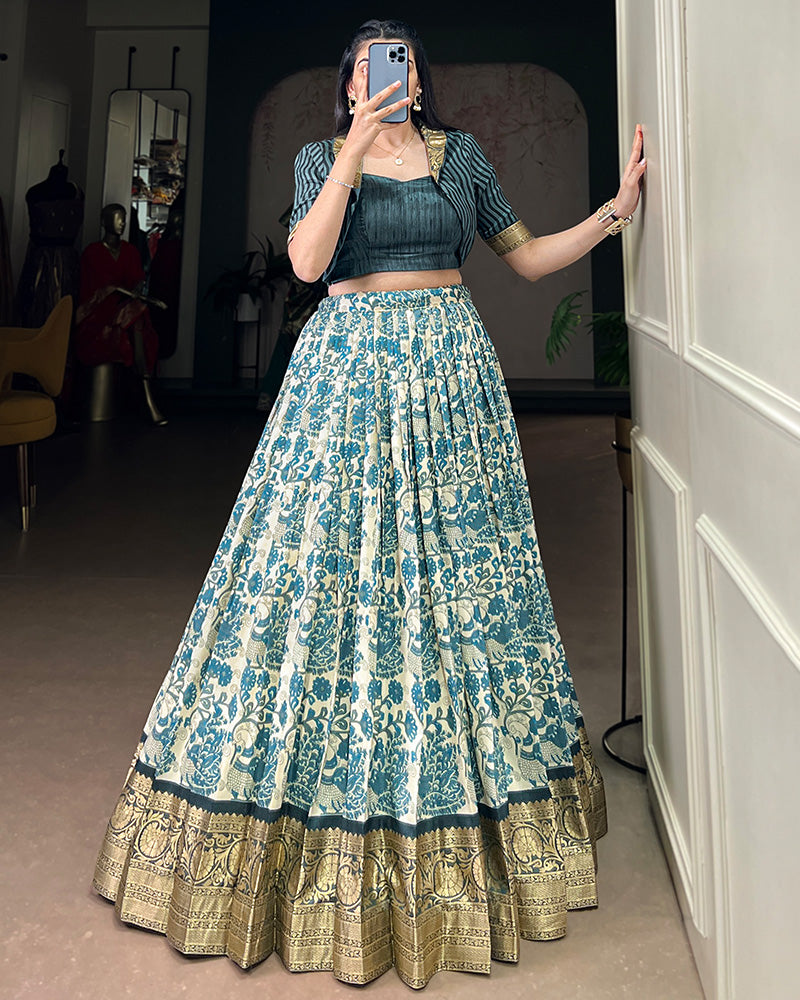 Sky Blue Color Tasar Silk Viscose Printed Lehenga Choli