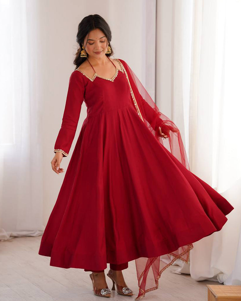 Maroon Color Chanderi Roman Silk Three Piece Anarkali Suit