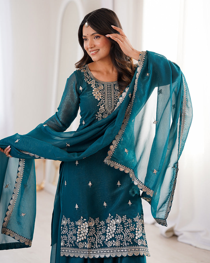 Teal Blue Color Soft Crunchy Silk Embroidered Plazzo Suit