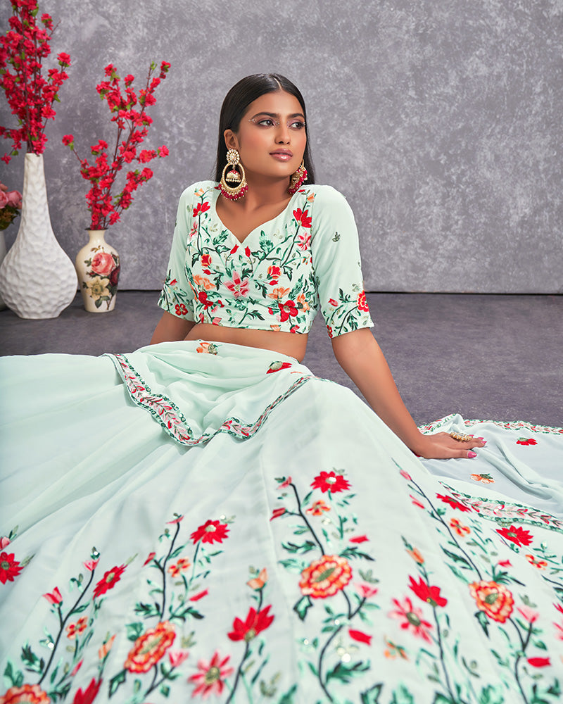 Sea Green Color Embroidered Georgette Semi Stitched Lehenga Choli