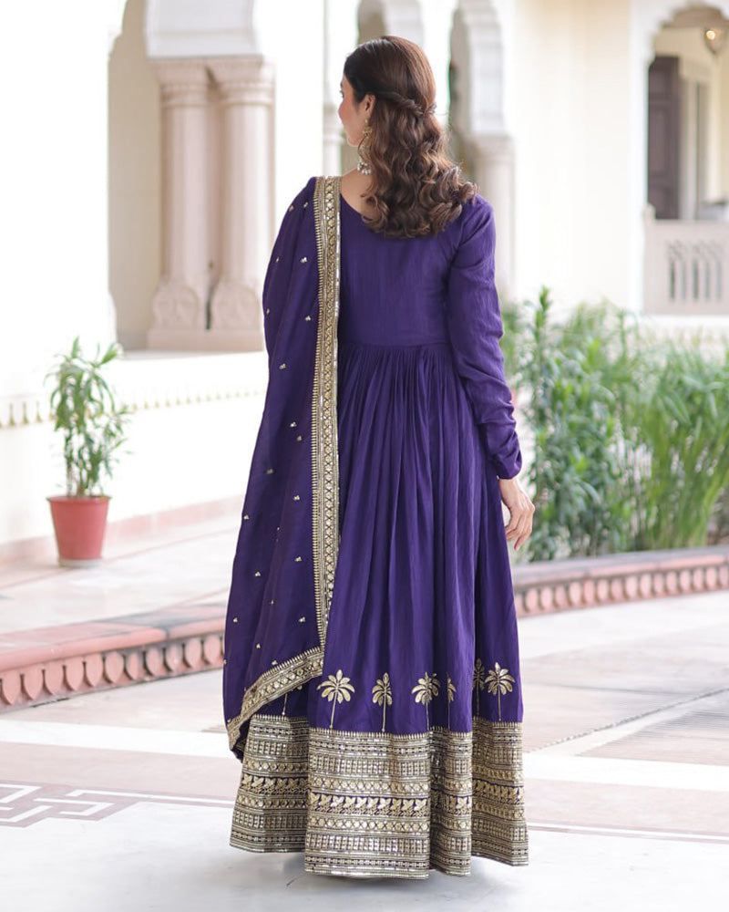 Royal Violet Color Vichitra Silk Sequence Embroidered Gown