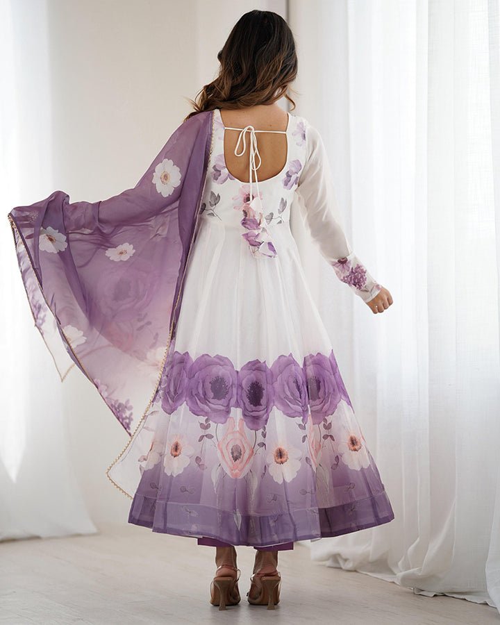 Violet Color Floral Pure Soft Tebby Organza Three Piece Anarkali Suit