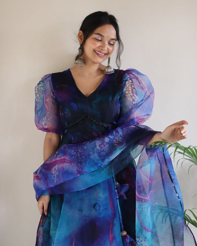 Blue Color Printed Soft Organza Anarkali Suit
