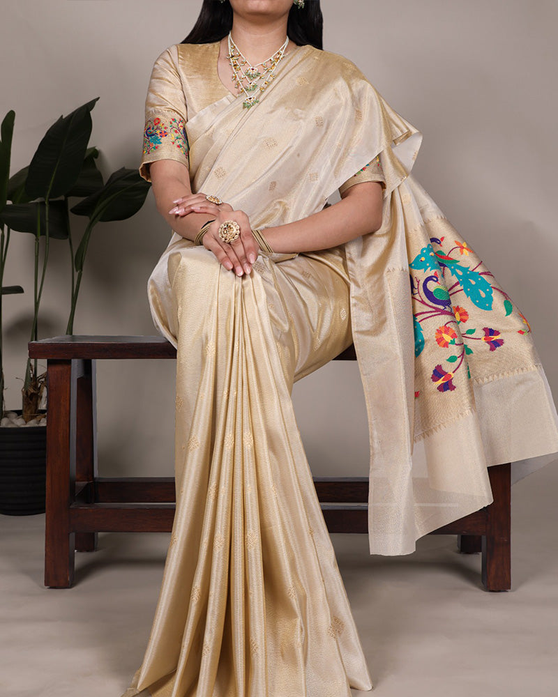 Cream Color Zari Weaving Tissue Paithani Saree