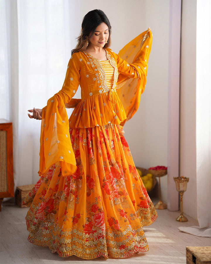 Mustard Color Georgette Printed And Embroidered Lehenga Choli