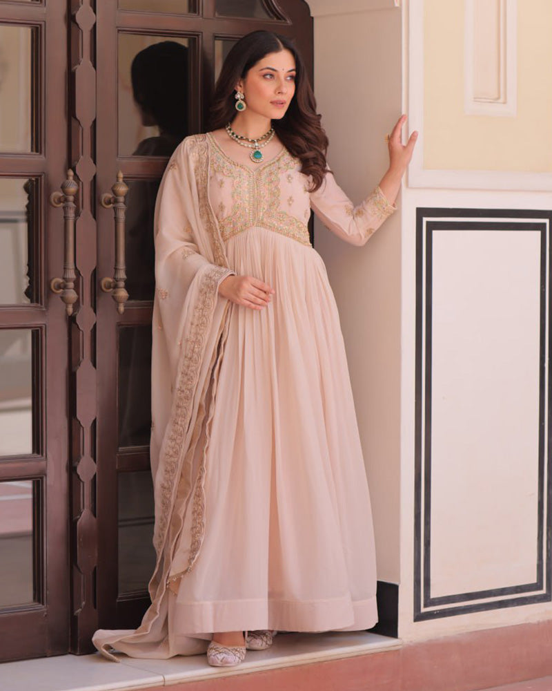 Cream Color Star Georgette Embroidered Gown