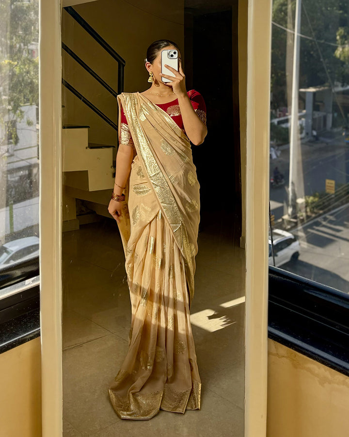 Cream Color Pure Viscose Georgette Saree
