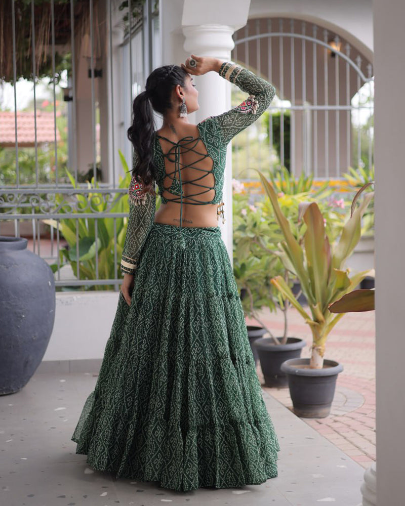 Four Color Bandhani Printed Faux Georgette Navratri Lehenga Set