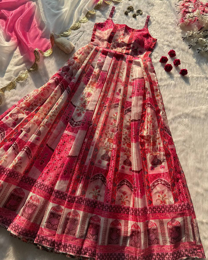 Baby Pink Color Digital Print Soft Organza Gown